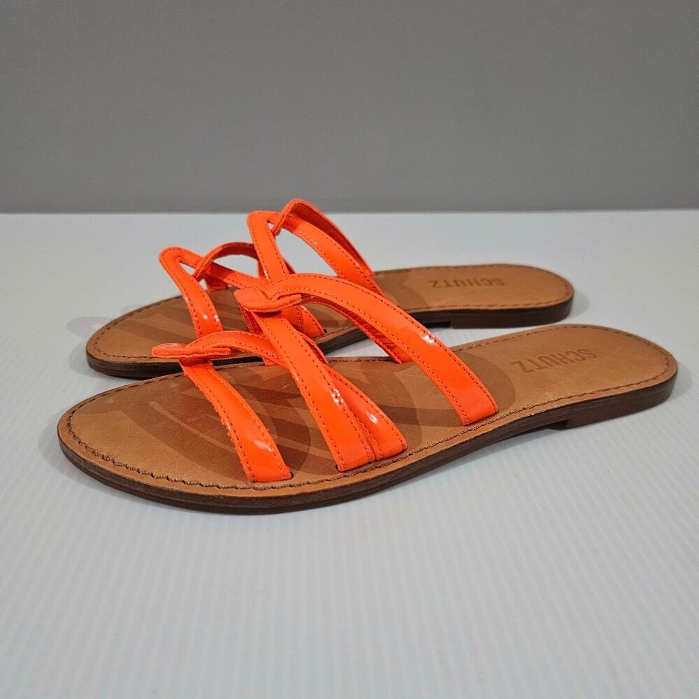 NEW Schutz Lyta Sandal Strappy Slide Neon Orange Patent Leather Womens Size 7